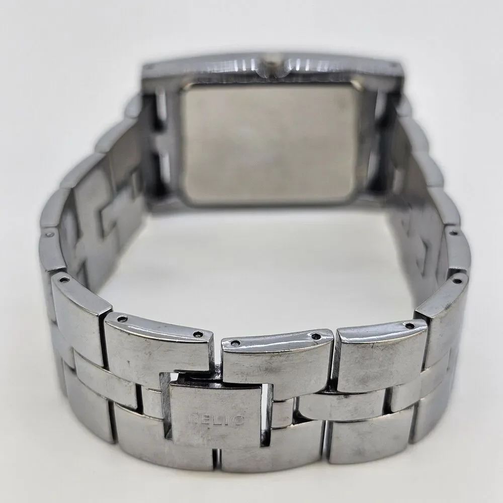 Relic‎ Tank Watch Men 27mm ZR77044 Silver Tone Black Dial Date New Battery 7.5